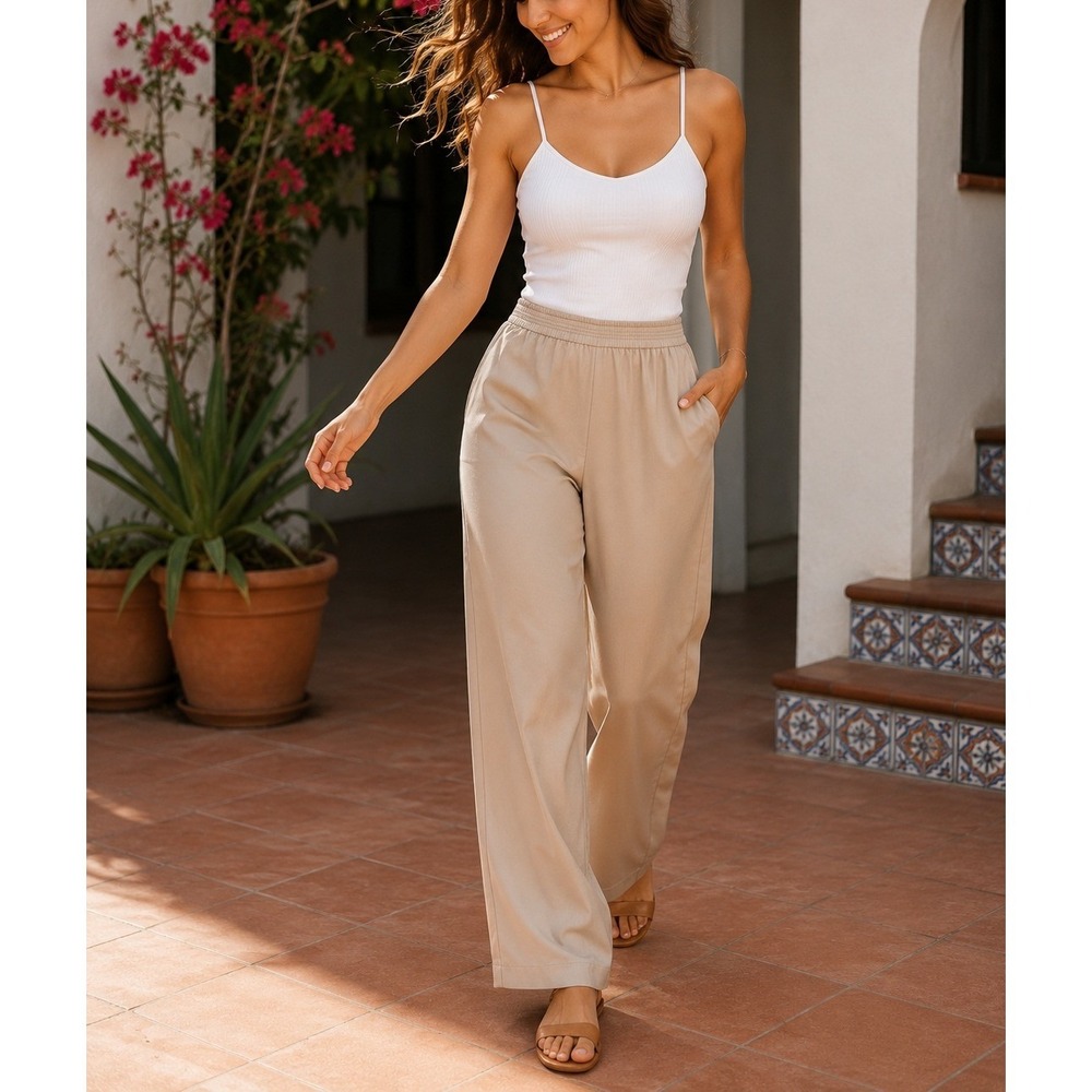 Rachel Zoe‎ Wide Leg Pants Women Medium Beige Good Satin Elastic Waist Trouser